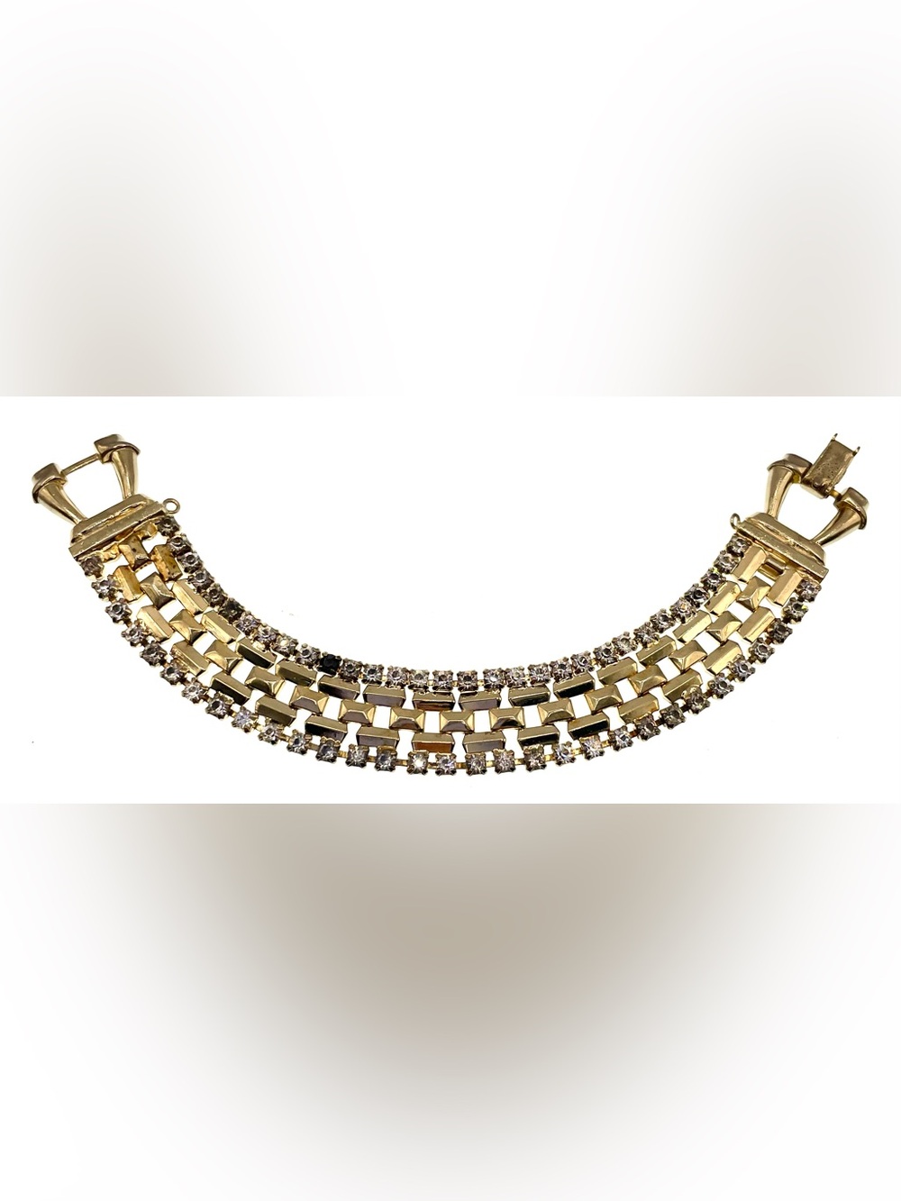 Vintage 1950s Gold Tone Rhinestone Geometric Link Bracelet Mid Century